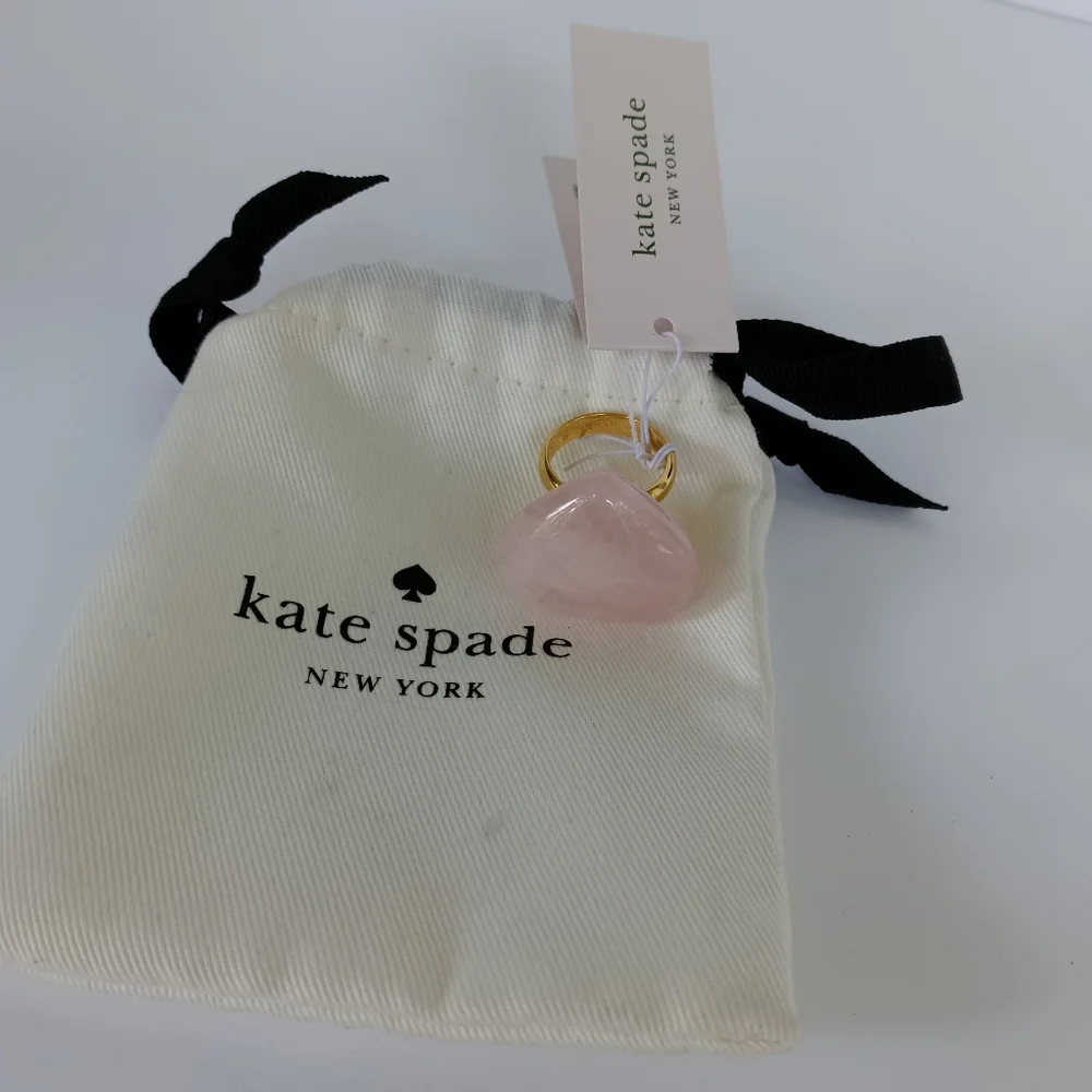 NWT Kate Spade Open Heart  Pink Quartz Stone + Goldtone Ring Size 6